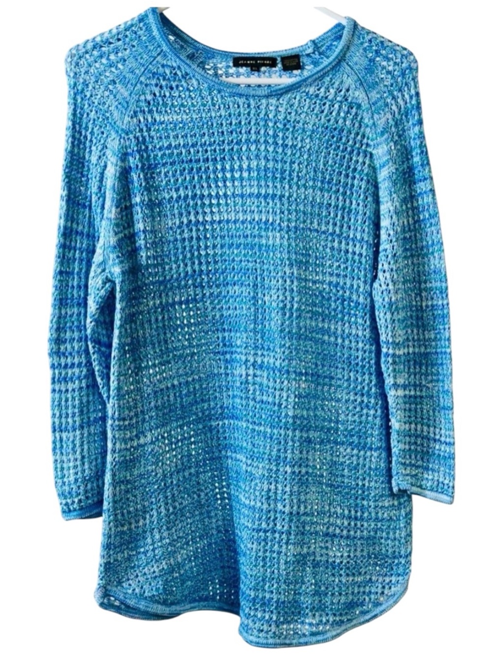 JEANNE Pierre Variegated Blue Crochet Knit 100% Cotton Crew Neck Sweater sz XL